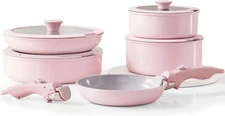 Pink Nonstick Cookware and Pan Set with Removable Handles, Ceramic Cookware Set