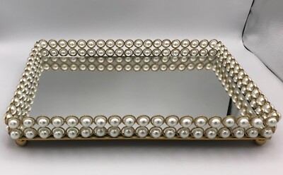 Gold Tray Mirror Pearl Rectangle Perfume Jewelry Cosmetic Make Up Holder Display