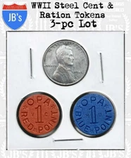 WWII 1943 Lincoln Steel Penny + Blue & Red OPA Food Ration Tokens WORLD WAR II