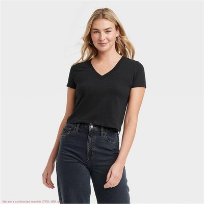 Women's Shrunken Short Sleeve V-Neck T-Shirt Thread Black M *SEE DEAL!!!*