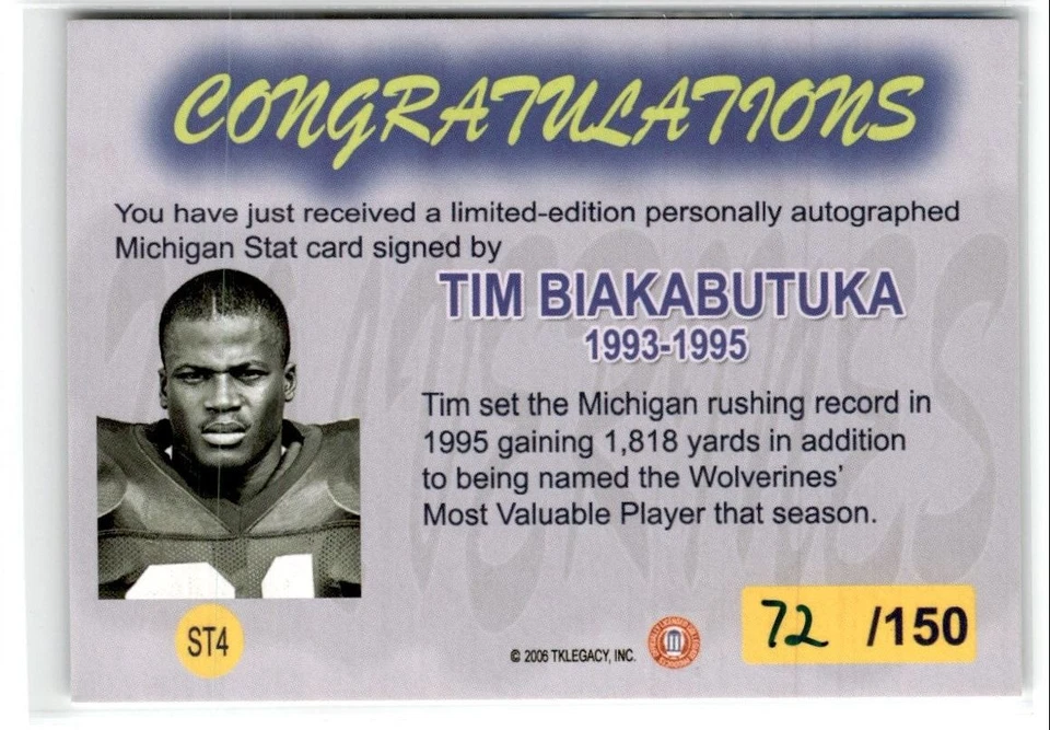 2006 TK LEGACY MICHIGAN WOLVERINES - TIM BUAKABUTUKA AUTO /150 #ST4 - Image 2 of 2