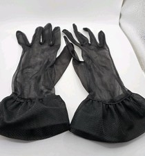 Vintage Black Sheer Chiffon Evening Gloves One Size Formal Ruffle Wrists Unlined