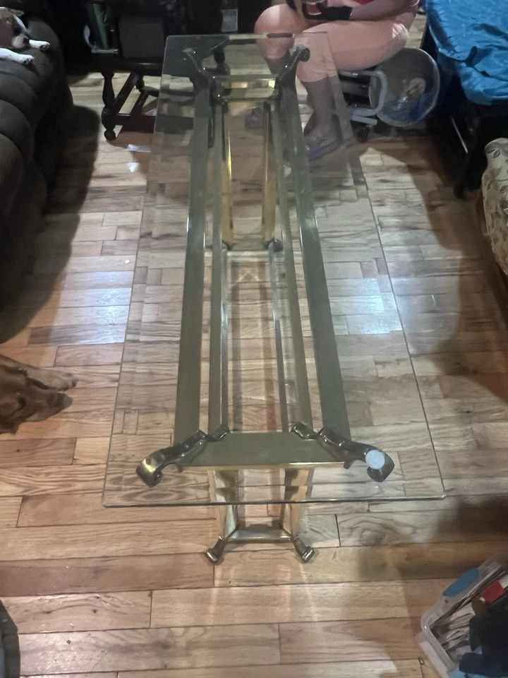 Mesa consola de vidrio biselado y latón de colección mesa vestíbulo HOLLYWOOD REGENCY Foto 3 de 4