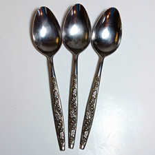Set of 3 Stainless Steel Soup Spoons, Silver Floral Handle, Japan