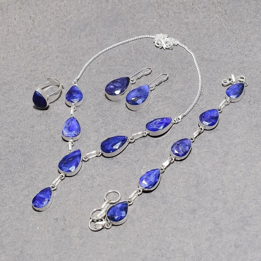 Conjunto de colar de pedras preciosas de safira azul feito à mão design antigo em forma de pera joias - Imagem 4 de 4