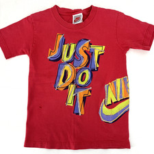 Nike Vintage 90s T-shirt Kids Medium Just Do It Swoosh Made in USA Red FLAW*