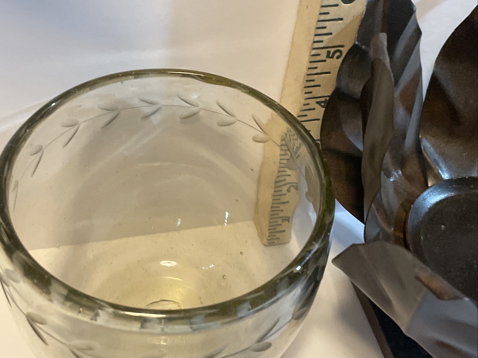 Jan Barboglio Hand Blown Glass Bowl w/ Laurel Wreath Forged Iron Lotus Marked