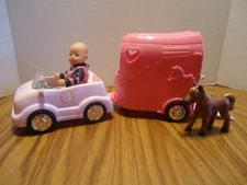 Vintage Zapf Miniworld Baby Born Horse trailer. car, pony and toddler doll HTF