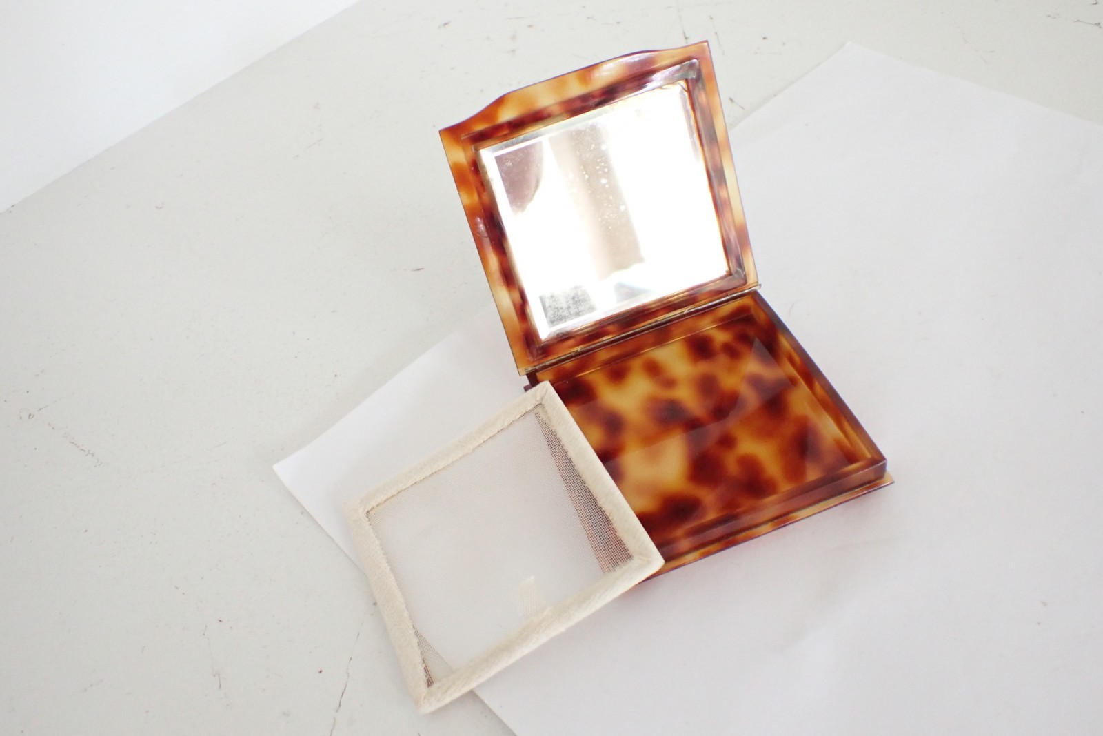 Vintage Art Deco Celluloid Turtle Shell Square Compact w/ Rhinestones