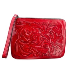 NEW Patricia Nash Cassini Wristlet Berry Red Tooled Floral Leather Pouch Wallet