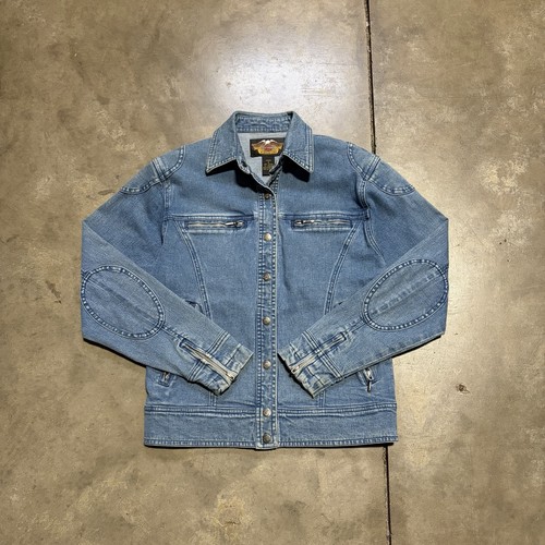 Harley Davidson Denim Jacket Women S Blue Trucker Zip Up Embroidered Biker Y2K - Picture 1 of 11