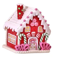  5-Inch LED Light Up Faux Gingerbread House Tabletop Decoration w/Timer, Red