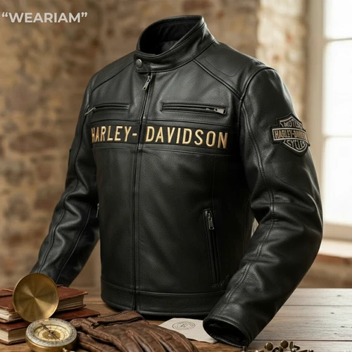 Harley Men's Black Biker Jacket - Real Cowhide Leather Motorcycle Jacket - product listing photo