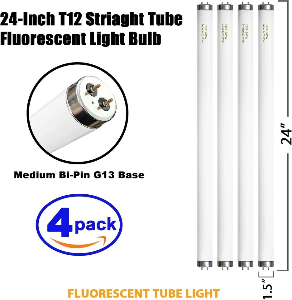 20W 24 Inch T12 Soft White Fluorescent Bulb - 4 Pack G13 Energy Efficient - Image 4 of 4