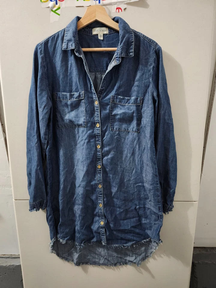 Vestido de tela piedra para mujer S azul manga larga camisa con botones denim tencel borde crudo Foto 2 de 4