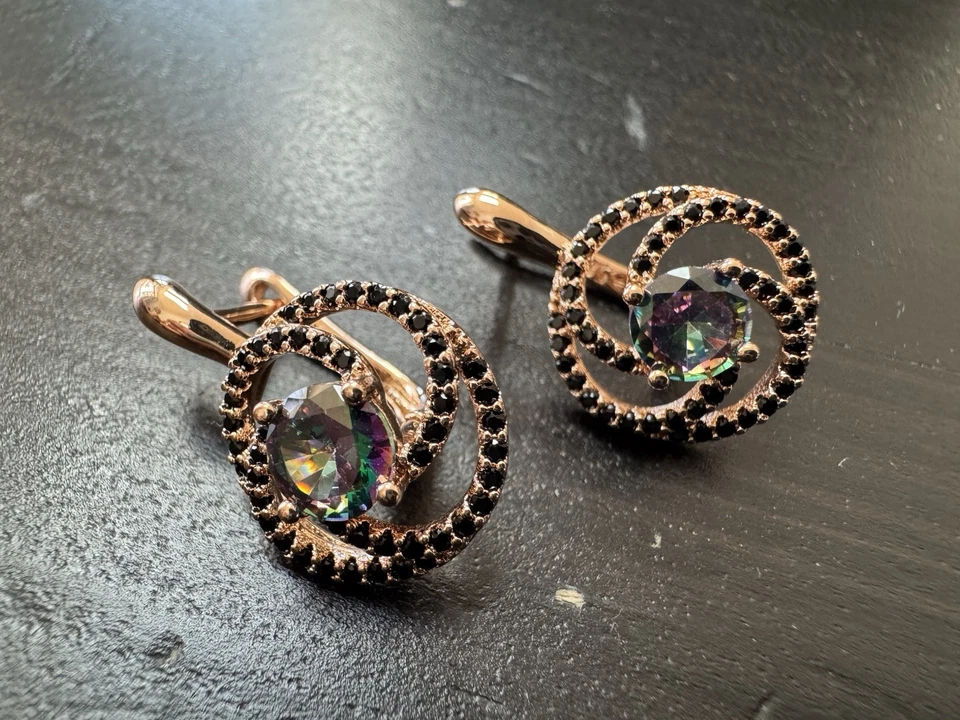 585 14K RG Stamped Whirlwind Black Gemstone Rainbow Stud Earrings - Image 3 of 4