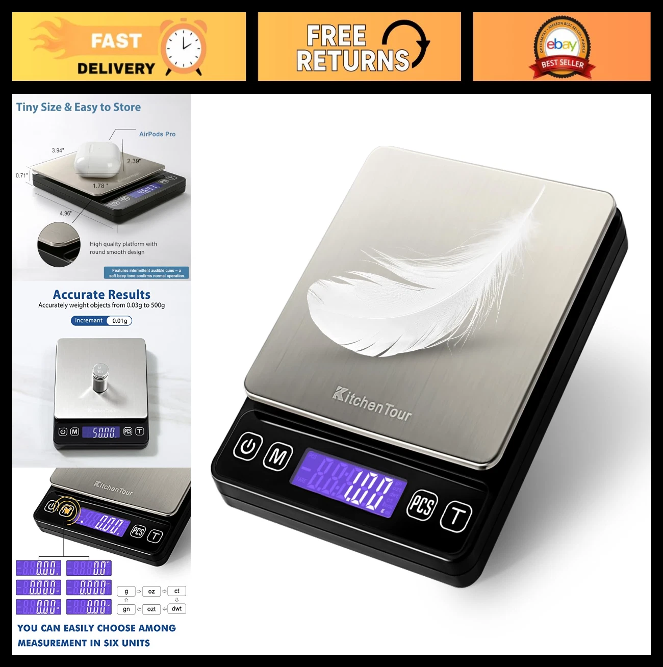 High Precision Digital Kitchen Scale 500g/0.01g - Multifunction Food & Jewelry S
