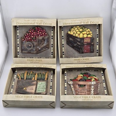New View Mary Beth Zeitz Fruit Vegetable Crate 3D Wall Plaque Set 4 Vintage 2003