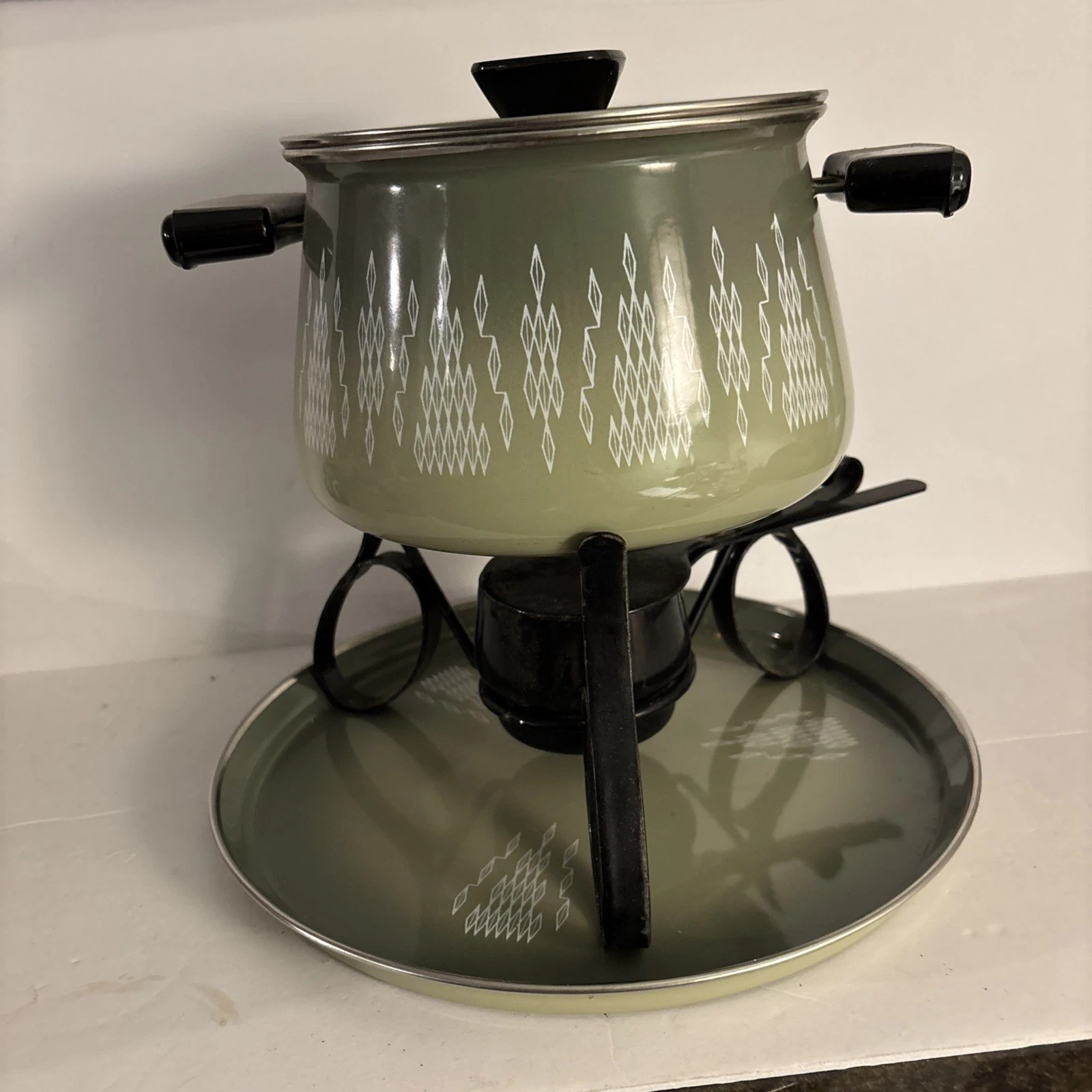 Vintage Cathrineholm Lotus Fondue Set In Avocado Green & Sterno Canned Heat New