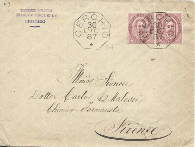 1887 10C PAIR UMBERTO ON CIRCLE ENVELOPE AQ X FLORENCE