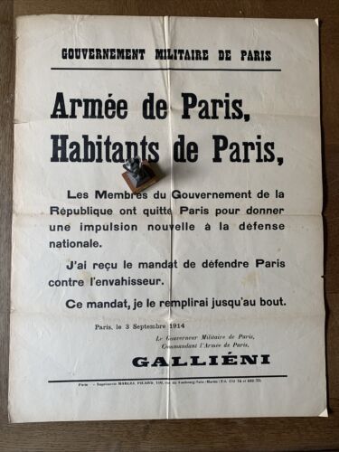 1914 Affiche GOUVERNEUR ARMEE DE PARIS AUX HABITANTS Général GALLIENI WW1 Guerre - Photo 1/11