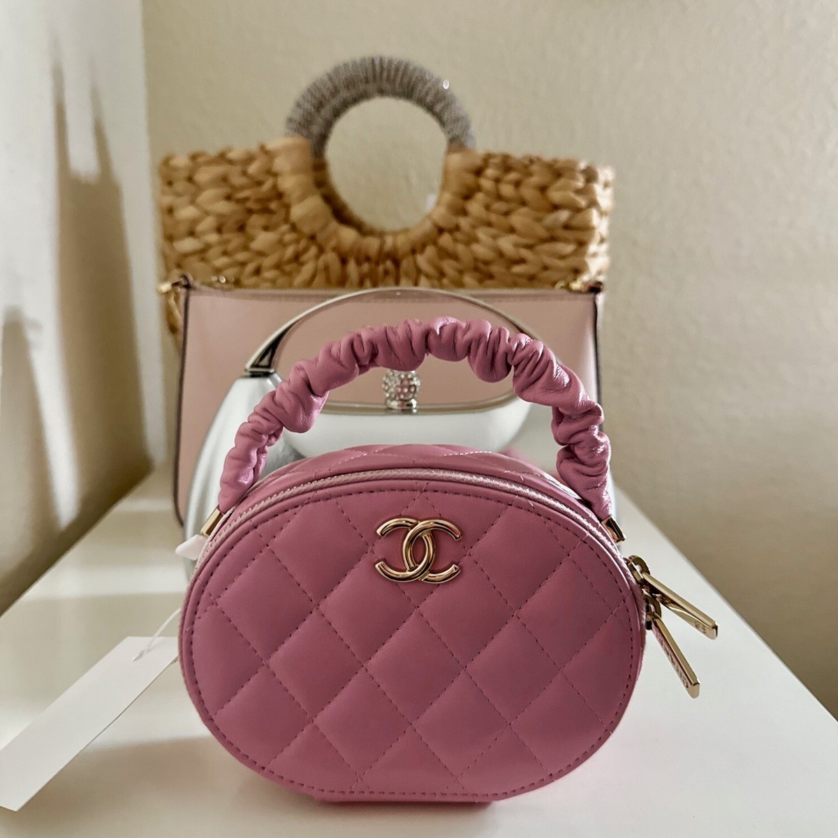 Authenticated Chanel CC Lambskin Ruched Oval Top Handle Bag Authenticated Chanel CC Lambskin Ruched Oval Top Handle Bag