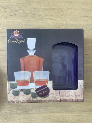 NEW IN BOX CROWN ROYAL WHISKEY DECANTER & 2 10 Oz GLASSES & 4 WHISKEY STONES