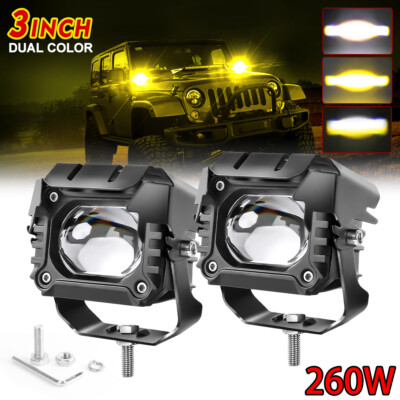 Pair 3inch 260W LED Work Light Bar Amber/White Pods Driving Spot Fog OffRoad SUV