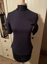 M&S Marks Spencer Ladies Stretch Top Size 6 Navy Blue Cotton Blend Short Sleeve