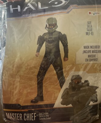 Halo Master Chief Halloween Costume Disguise Child Medium 7/8 Bodysuit Mask NEW 