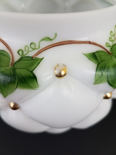Consolidated Milk Glass Biscuit Jar Quilted Diamond Hand Painted 6" Vintage - Picture 10 of 10