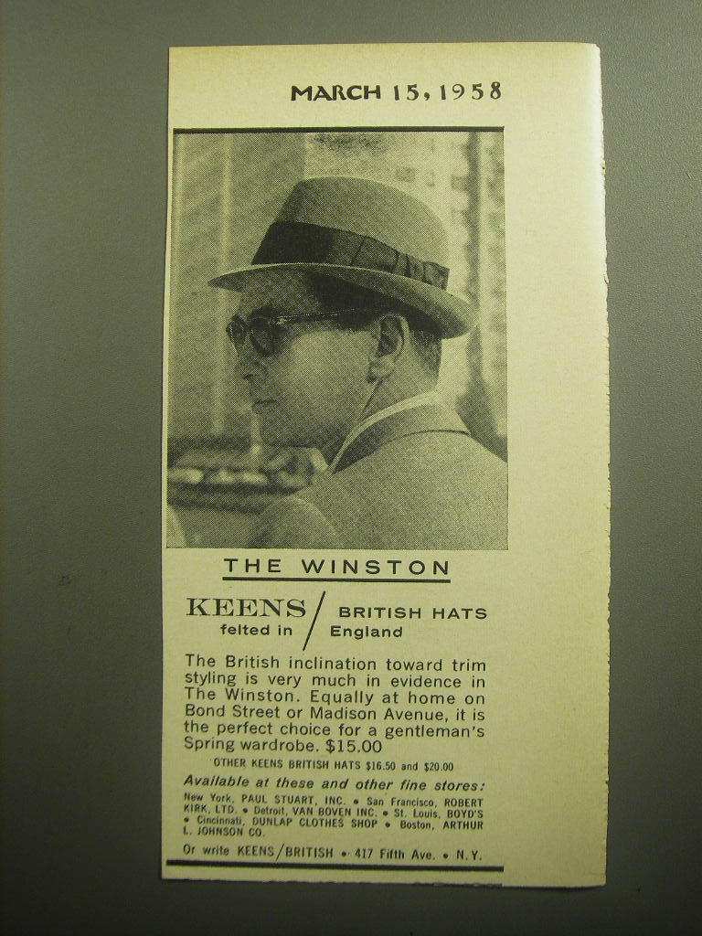 1958 Pubblicità cappello Keens Winston