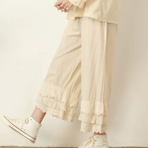 Pantalones para mujer de algodón de pierna ancha recta pantalones de encaje en capas informales japoneses - Imagen 7 de 25