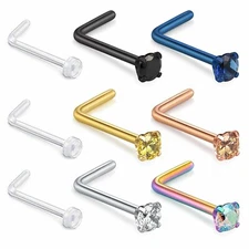 9PCS Surgical Steel CZ L Shaped Nose Studs Rings Clear Retainers Piercing 18G