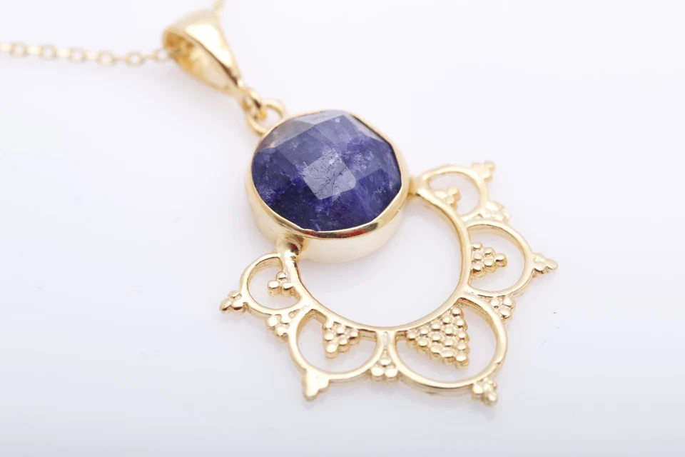 Juego de joyas turcas hechas a mano corte redondo zafiro oscuro plata de ley 925 oro Foto 2 de 4