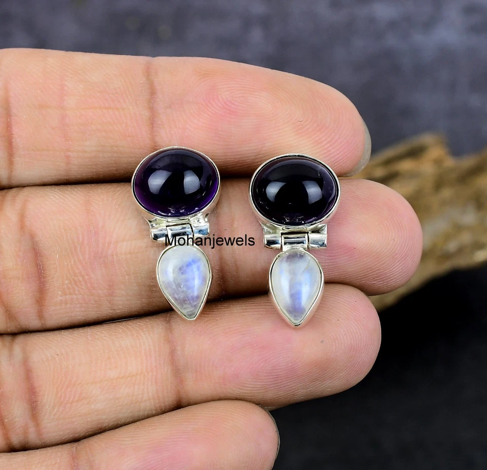 Puprle Amethyst Rainbow Moonstone Silver Plated Gemstone Stud Earring Jewelry - Image 3 of 4