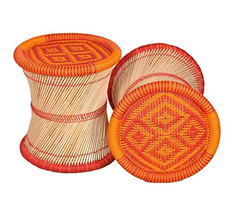 KSM Eco Friendly Cane Bar Bamboo Muddha Vintage Handmade Stool Orange Red 1piece - Image 3 of 3