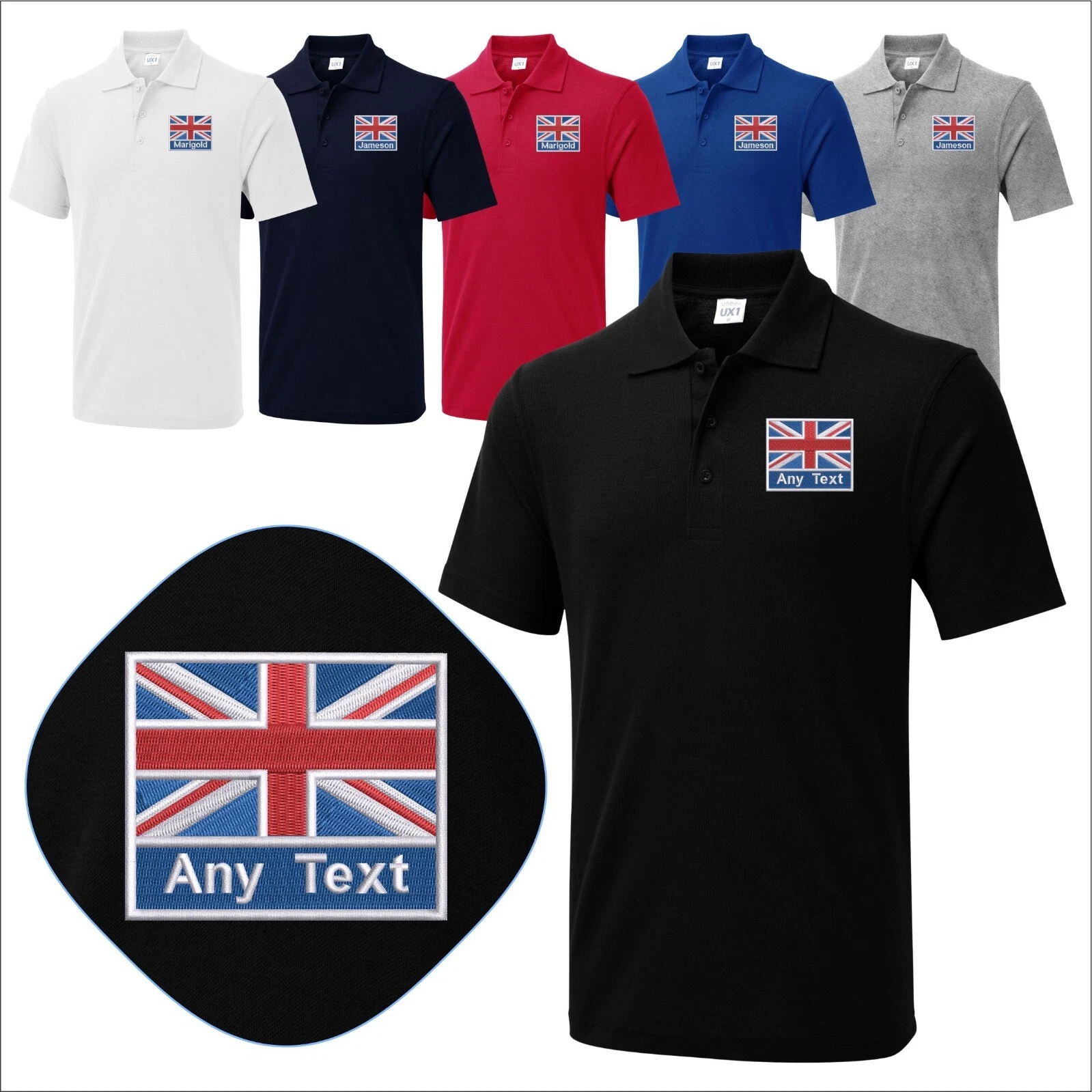 Embroidered Union Jack Patch, Custom Text United Kingdom Flag Unisex Polo Shirt