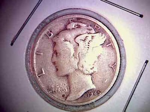 1945 S Mercury 90% Silver Dime Circulated Condition. MCS1