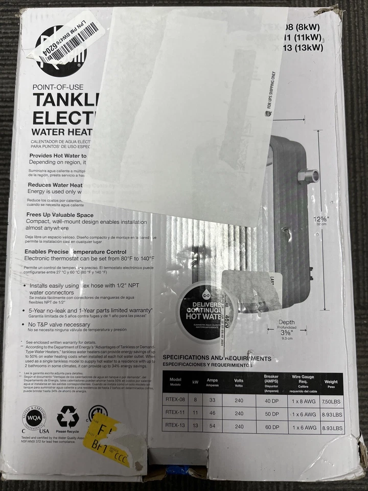 Calentador de agua eléctrico sin tanque Rheem RTEX-11 11kW 240V - Caja abierta OEM original Foto 2 de 4