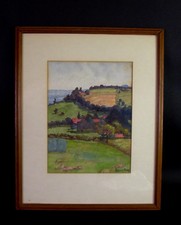 Arnold Baur von Ining (1869-1947) - Acquerello paesaggio collinare