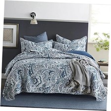 Cotton Bedspread Quilt Sets, 3 Pieces King 96by108 inch Blue Floral Paisley