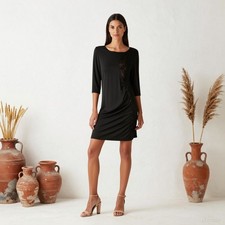 Evening Glam Knee Length Dress Black Gold Jersey Pencil Sleeve Zip Sequins M
