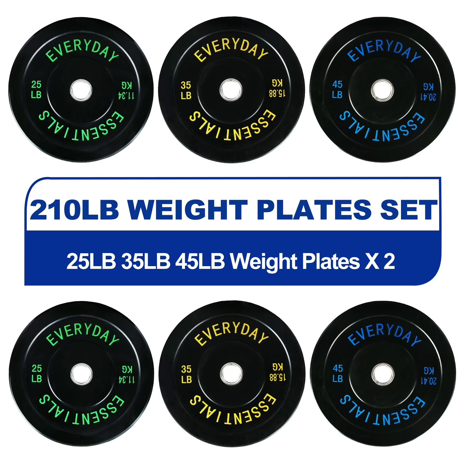 Olympic Bumper Plate Weight Lifting Set 210 Lbs Set Steel Hub Black Home Gym