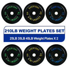 Olympic Bumper Plate Weight Lifting Set 210 Lbs Set Steel Hub Black Home Gym