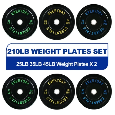 BALANCEFROM Olympic Bumper Plate Weight Lifting Set 210 Lbs Set Steel Hub Black Home Gym