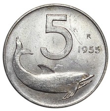 1955 REPUBBLICA ITALIANA MONETA LIRE 5 DELFINO MF131332