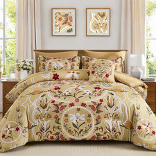 Queen Size 8 Piece Bed in a Bag-Floral Botanical Khaki Comforter Set,Queen Bed S