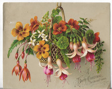 Vtg Christmas Card 5.75x4.75 Ephemera Basket Flowers Happy Xmas to You & Yours