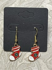 Retro Christmas Stocking Holiday Gold Loop Enamel Drop Dangle Adorable Earrings